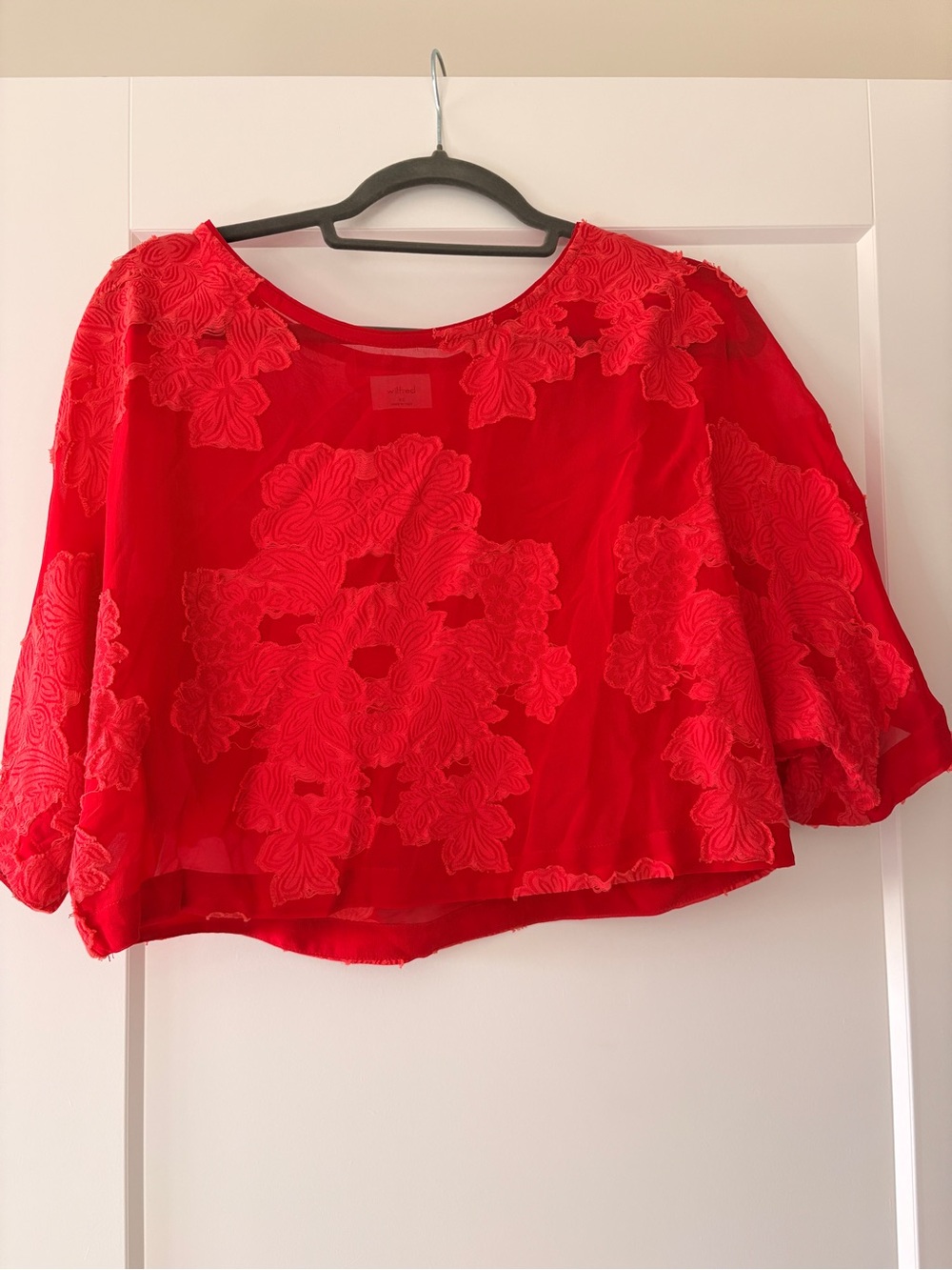 Wilfred Red Floral Appliqué Sheer Cropped Blouse